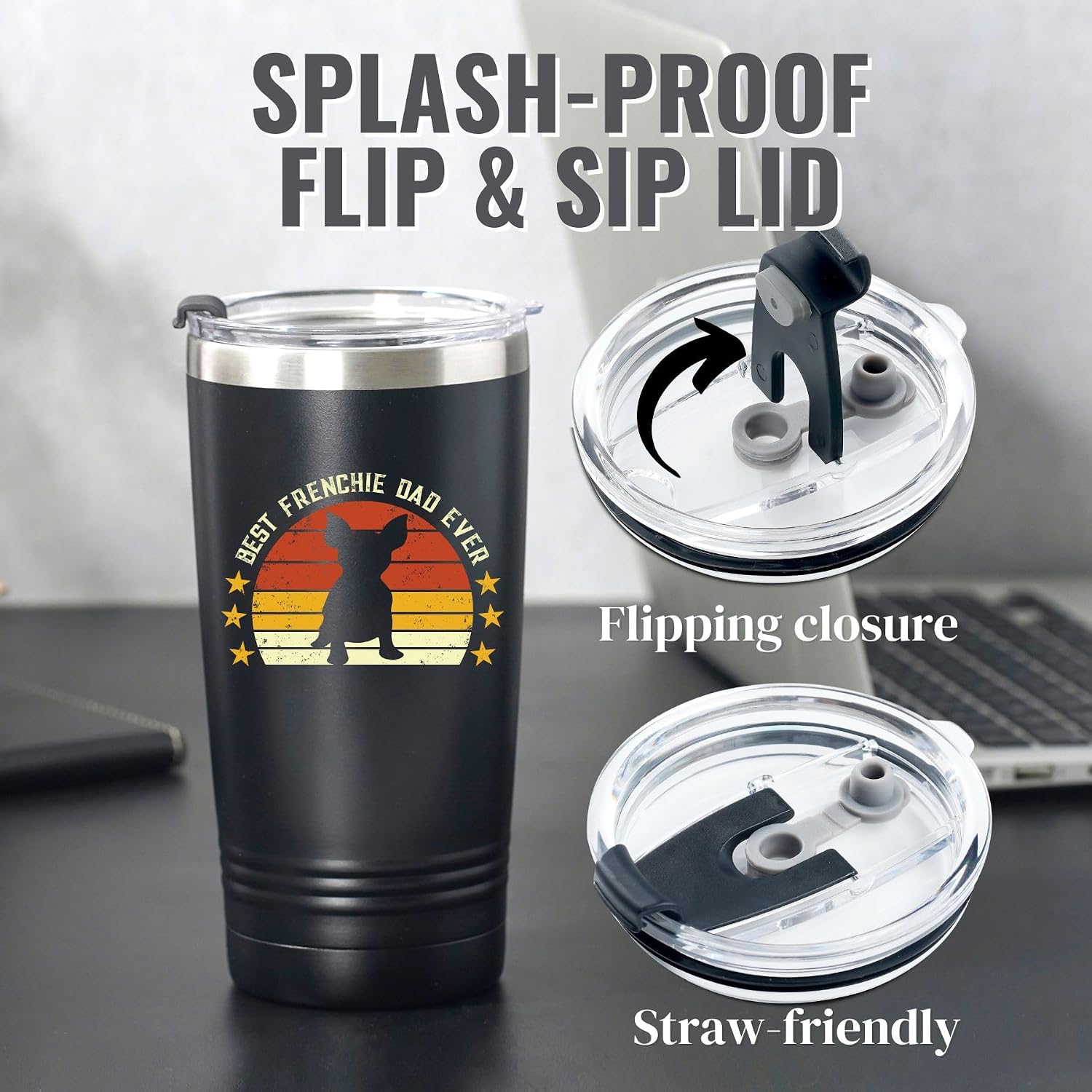 Onebttl French Bulldog Gifts, Frenchie Dad Gifts for Men, 20oz Black Stainless Steel Insulated Travel Tumbler - Best Dad Ever