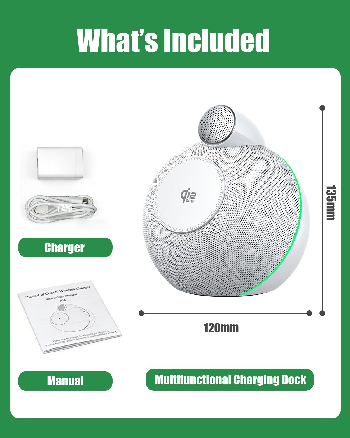 Caricabatterie e supporto 4 in 1, certificato Qi2, 25 W, magnetico, wireless, con altoparlanti Bluetooth Hi-Fi e luci ambientali morbide, compatibile con iPhone 17/16/15, Apple Watch (bianco)