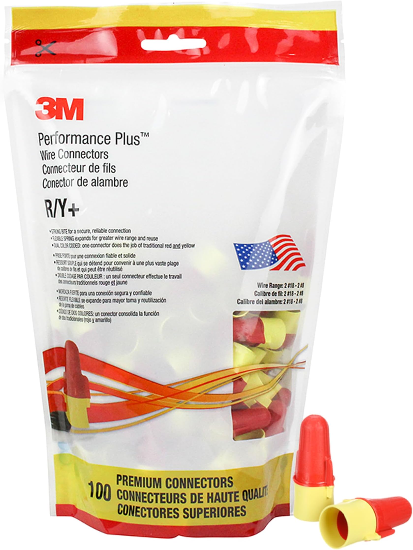 3M Performance Plus Wire Connector R/Y+POUCH, Red/Yellow, Flexible Steel Spring Connectors, Copper, CSA Certified, UL Listed, Pouch of 100, 22-8 AWG