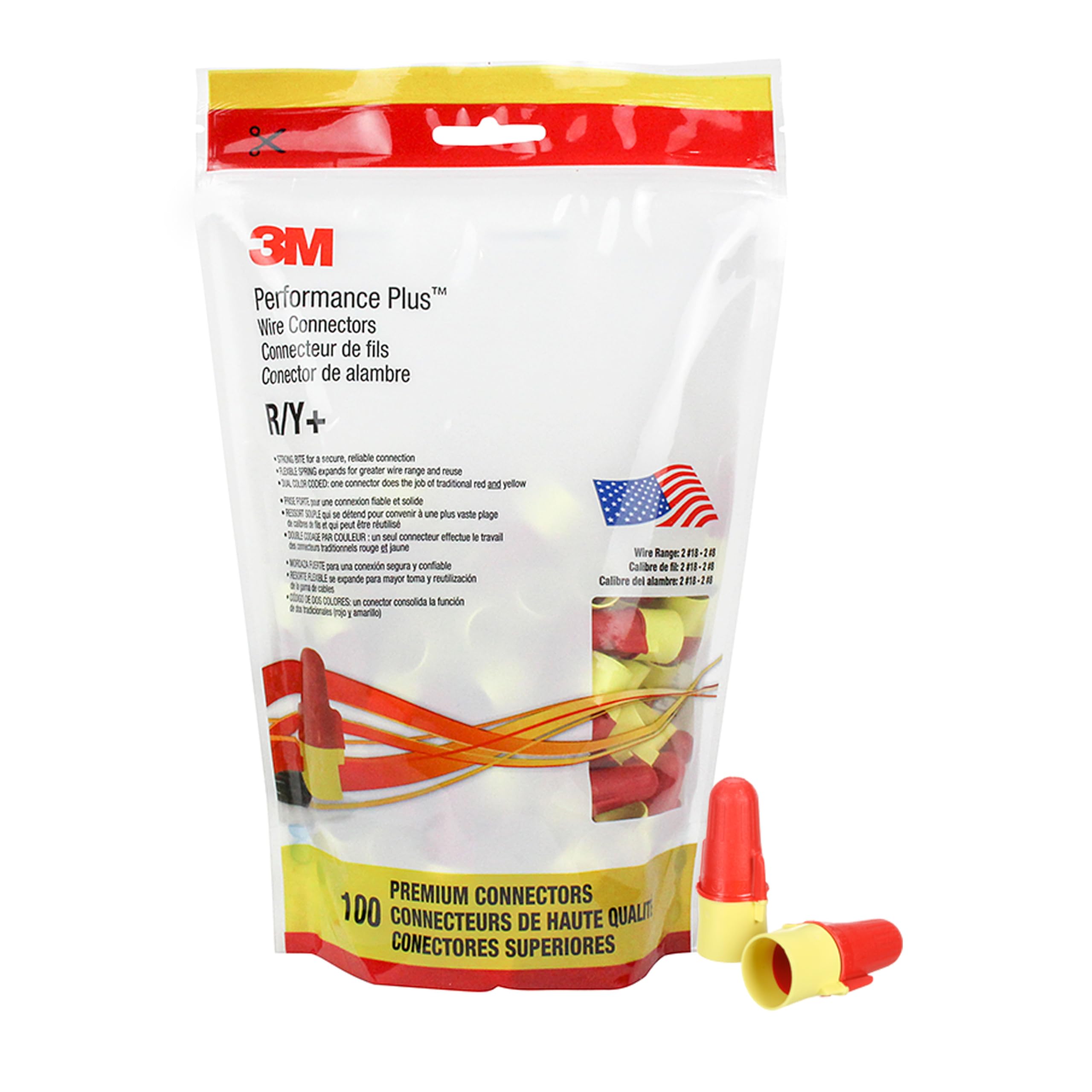 3M Performance Plus Wire Connector R/Y+POUCH, Red/Yellow, Flexible Steel Spring Connectors, Copper, CSA Certified, UL Listed, Pouch of 100, 22-8 AWG