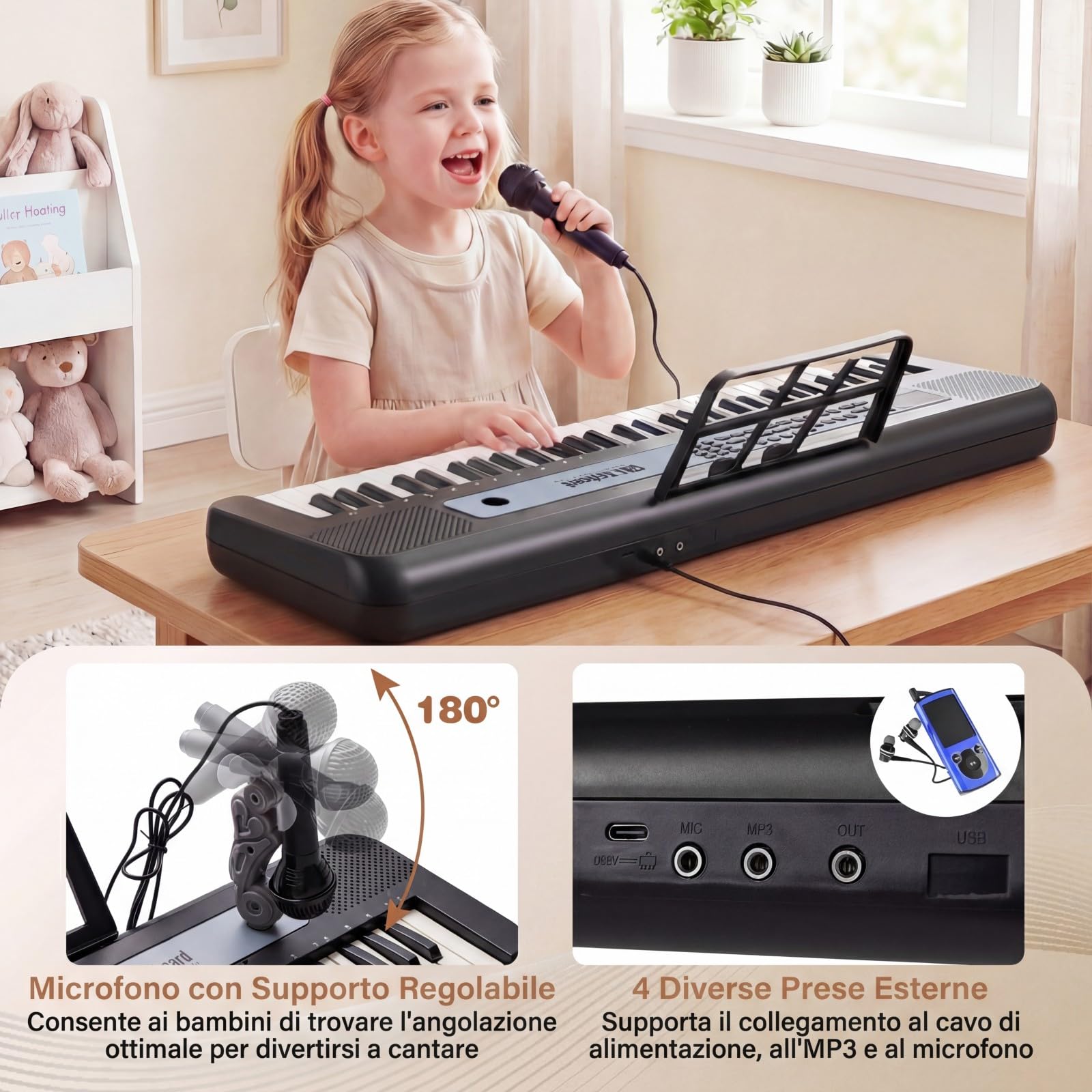 COSTWAY Tastiera Pianoforte Elettrica a 61 Tasti, Giocattolo Musicale da Interno con Supporto Regolabile, Microfono e Leggio, Strumento Digitale Educativo per Bambini e Bambini 3+ Anni (Nero)