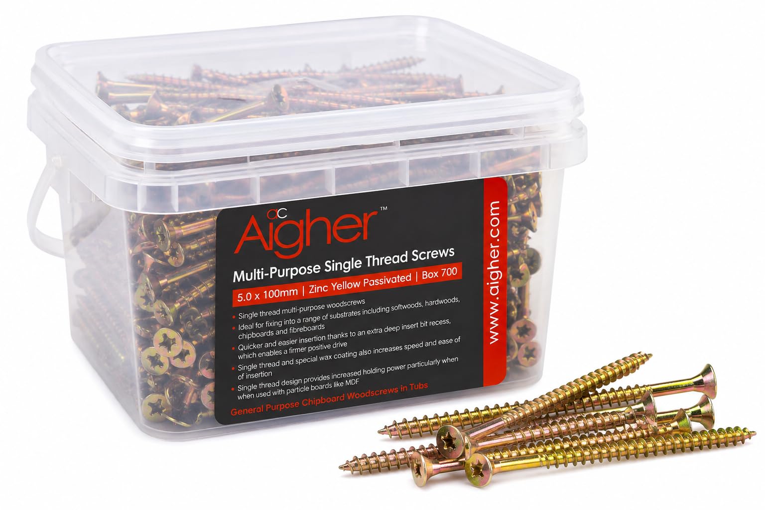 Aigher Multi-Purpose Single Thread Woodscrews, 5.0 x 100mm, Zinc Yellow Passivated, Box of 700, for Softwood, Hardwood, MDF and Chipboard