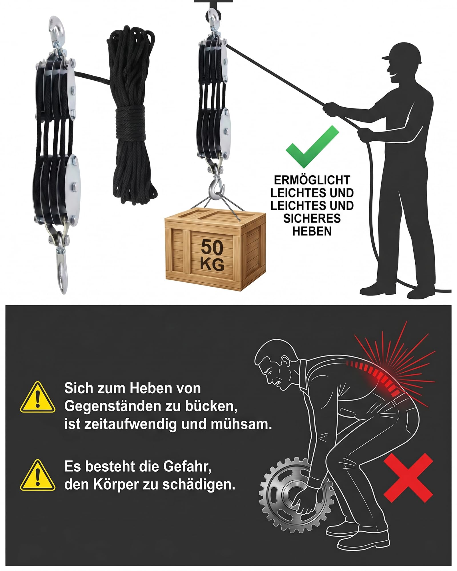 Flaschenzug Arbeitssparender, 8:1 Hubkraft Seilzug mit 20m Seil & Stahl-Kugellager, 2000kg Max Schwerlast Flaschenzug-Set für Garage, Werkstatt, Jagd & Boot, Rostfrei Verzinkt - Schwarz