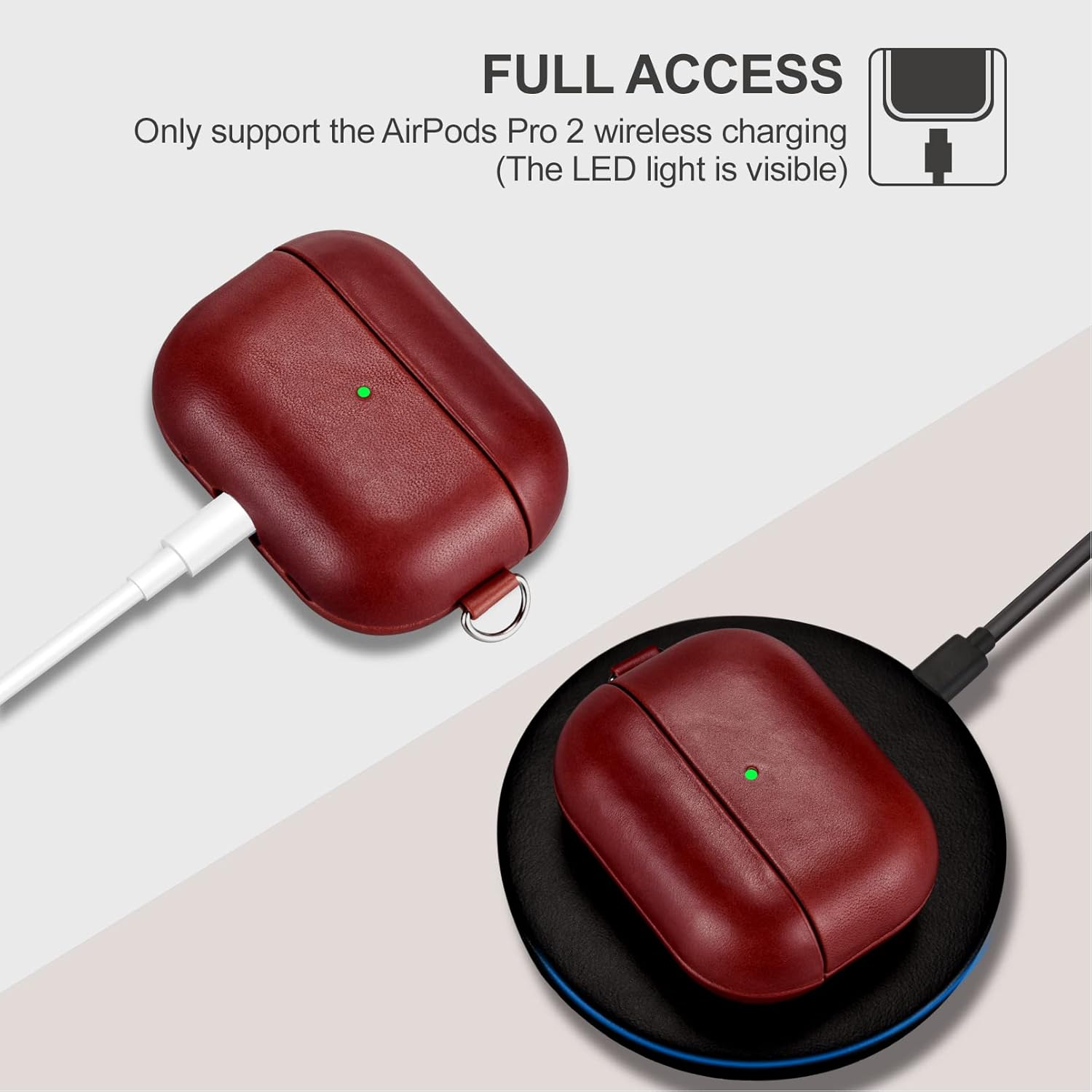 ICARERFAMILY Leather Case for AirPods Pro 2 (2022), Genuine Leather Shockproof Protective Cover with Lanyard for Apple AirPods Pro 2 Earphones Charging Case (LED Visible) Support Wireless Charger Red