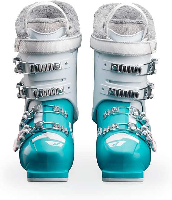 Nordica Junior Speedmachine J 4 Durable Comfortable Warm High-Performance All-Mountain Touring Ski Boots with 4 Buckles, Light Blue/White/Pink, 20
