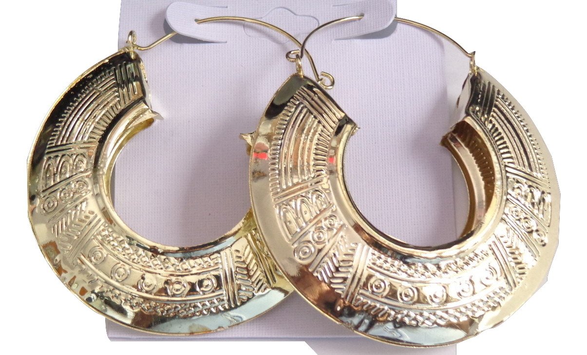 2.25 Inch Hoop Earrings Gold Tone Bohemian Egyptian Hoop Earrings