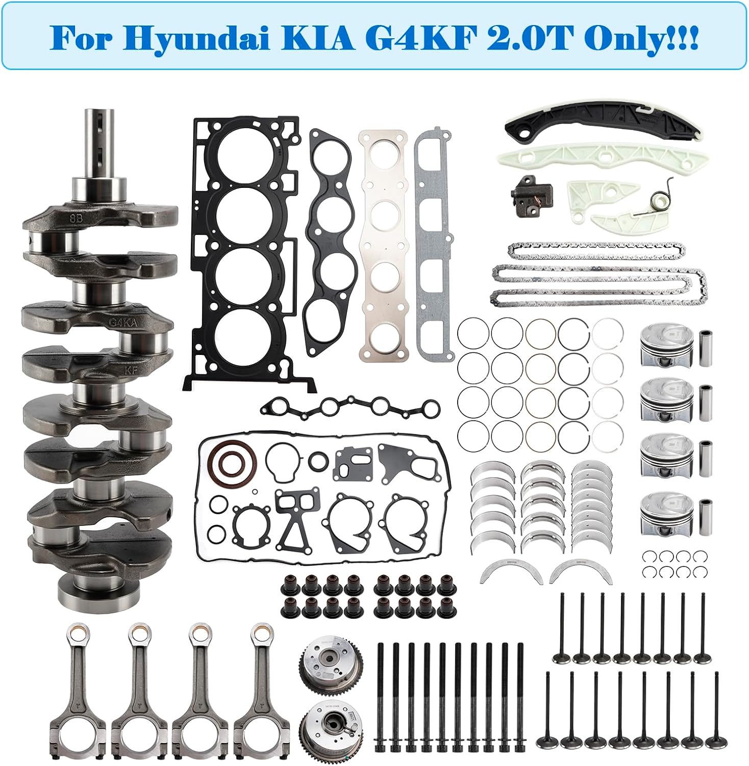 Bruce & Shark G4KF 2.0T Engine Rebuild Kit for Hyundai Sonata 2011-2016, Santa Fe Sport 2013-2016, Genesis Coupe 2011-2014, Complete Set with Crankshaft, Timing Chain, Pistons & Valves
