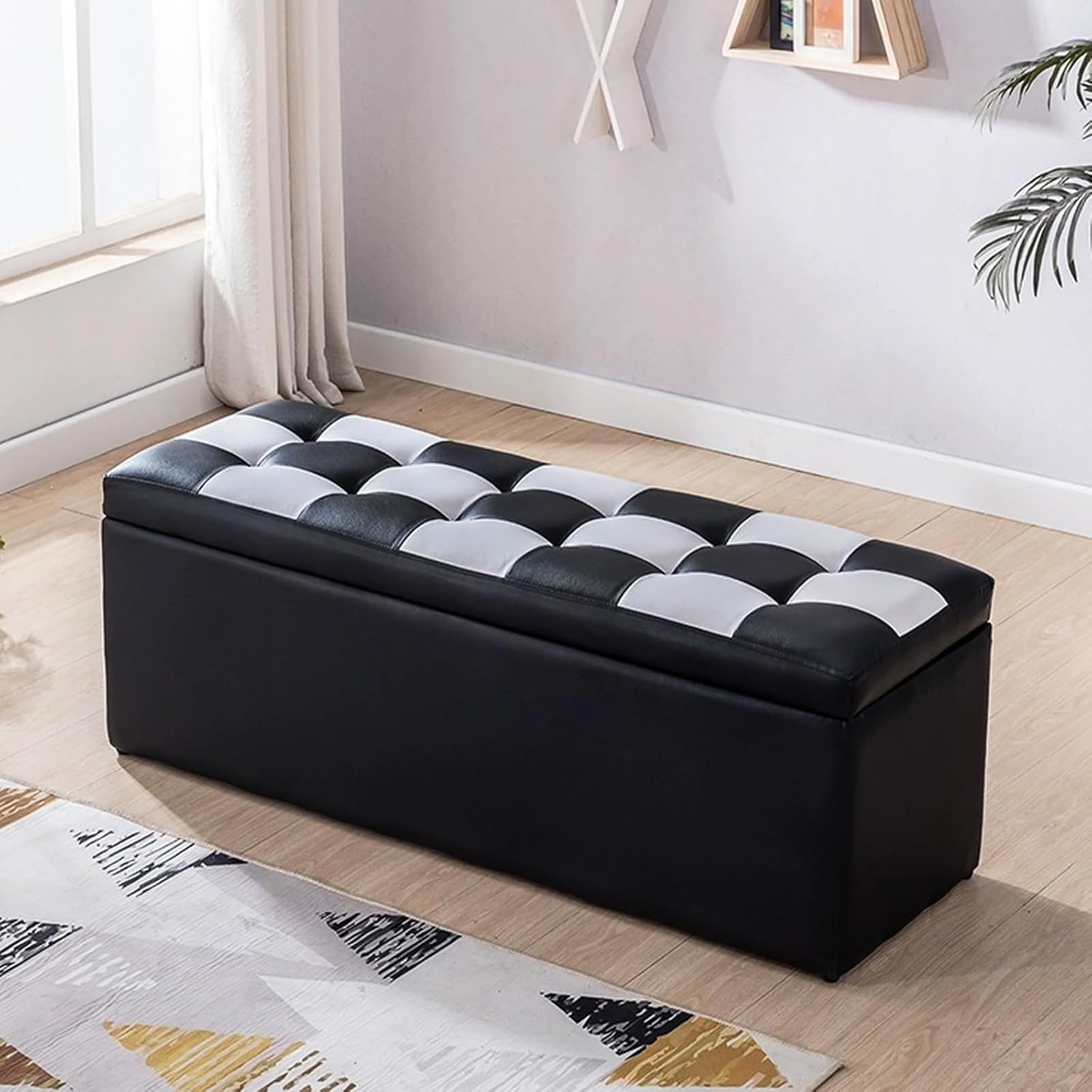GHFXSCV Entryway Bench with Storage & Cushion, Leather Shoe Rack, Stylish Sofa Stool, Nightstand Seat, Black & White, 40cm/16in - Perfect for Hallway & Bedroom