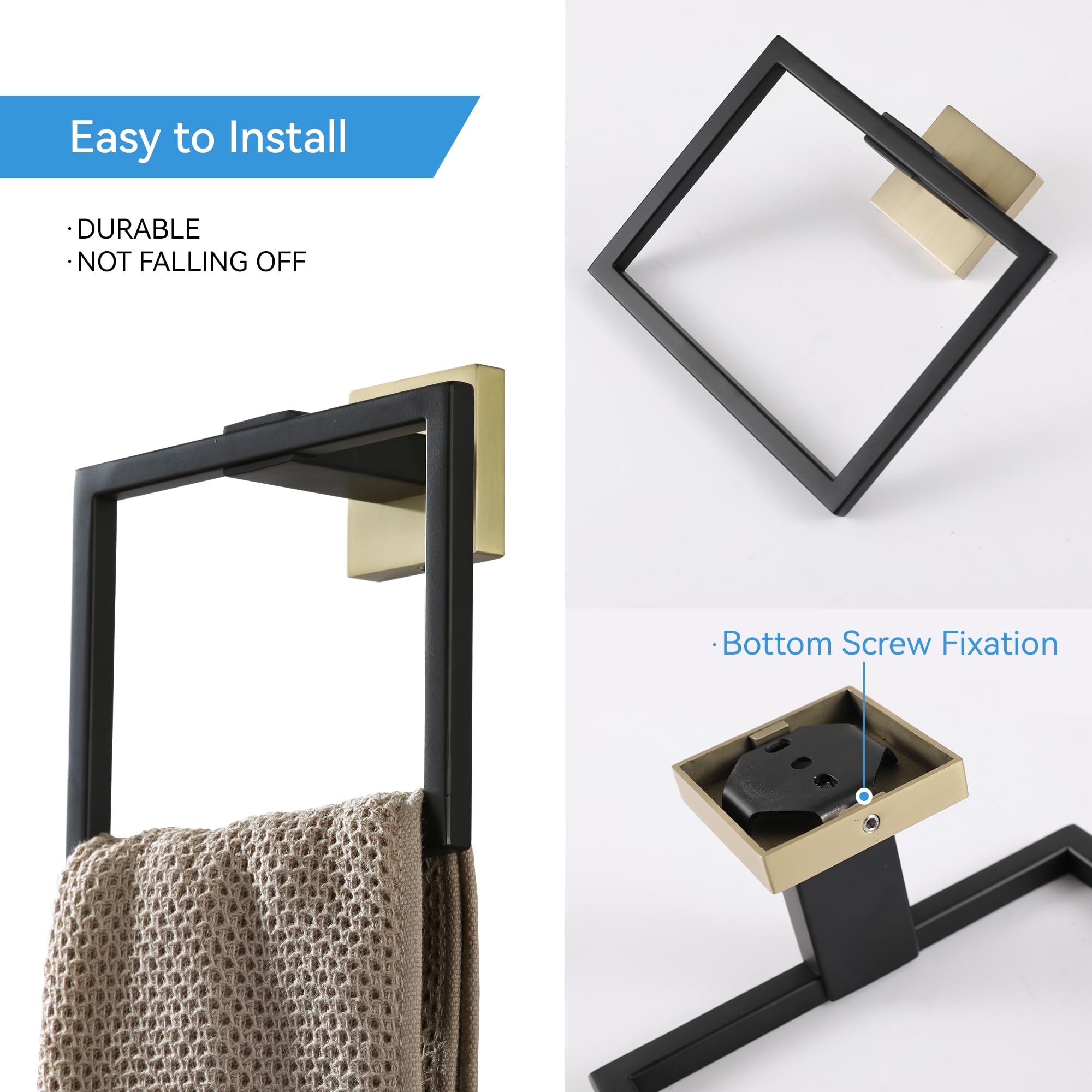LANC Soporte para toallas de mano para baño, montaje en pared, color negro mate y dorado cepillado, cuadrado, para baño, lavabo SUS304, acero inoxidable, estilo moderno, toallero, perchero, A8896GK