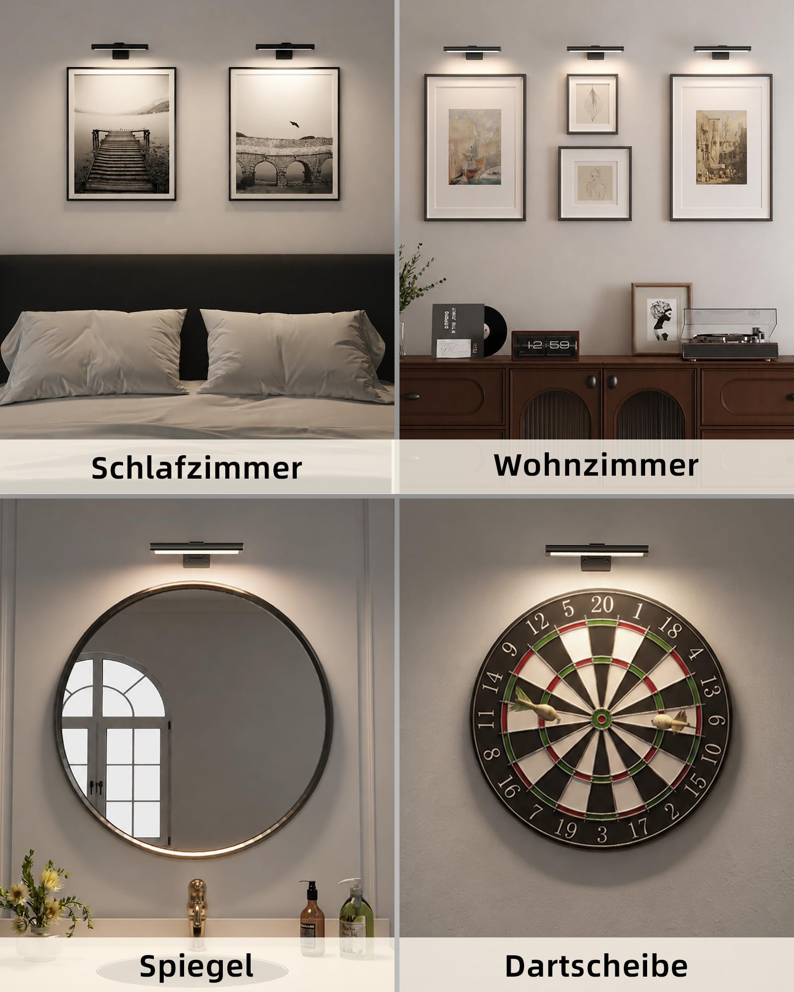 EZVALO Bildbeleuchtung Kabellos, Wandleuchte Innen LED, Fernbedienung, Dart Beleuchtung, 3 Farbtemperaturen, integrierter 2400mAh Akku, Magnetische Bilderleuchte für Gemälde, Foto (Schwarz, 2 Stück)