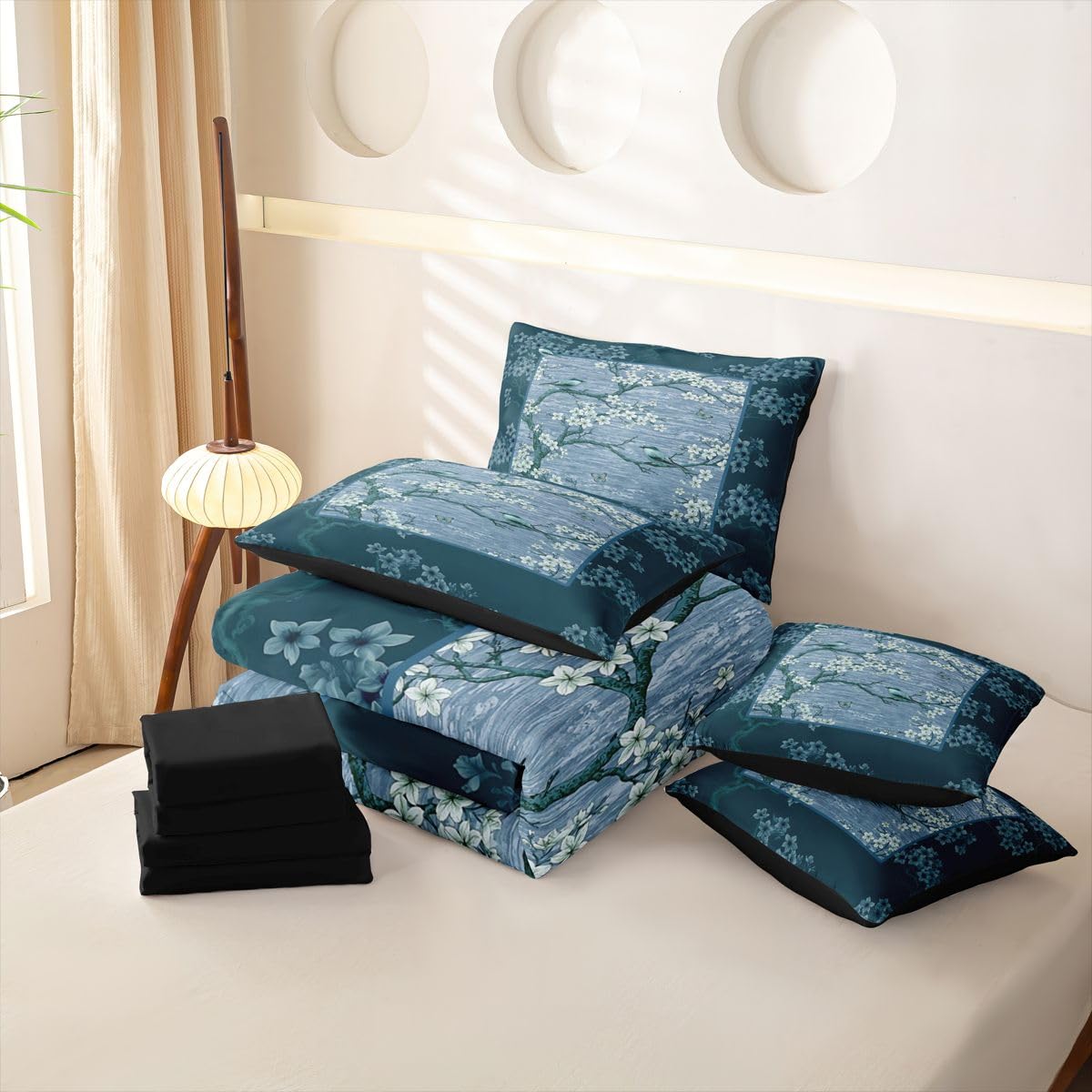 Homewish Blaue Blumen Bettwäsche 155x220 7teilig