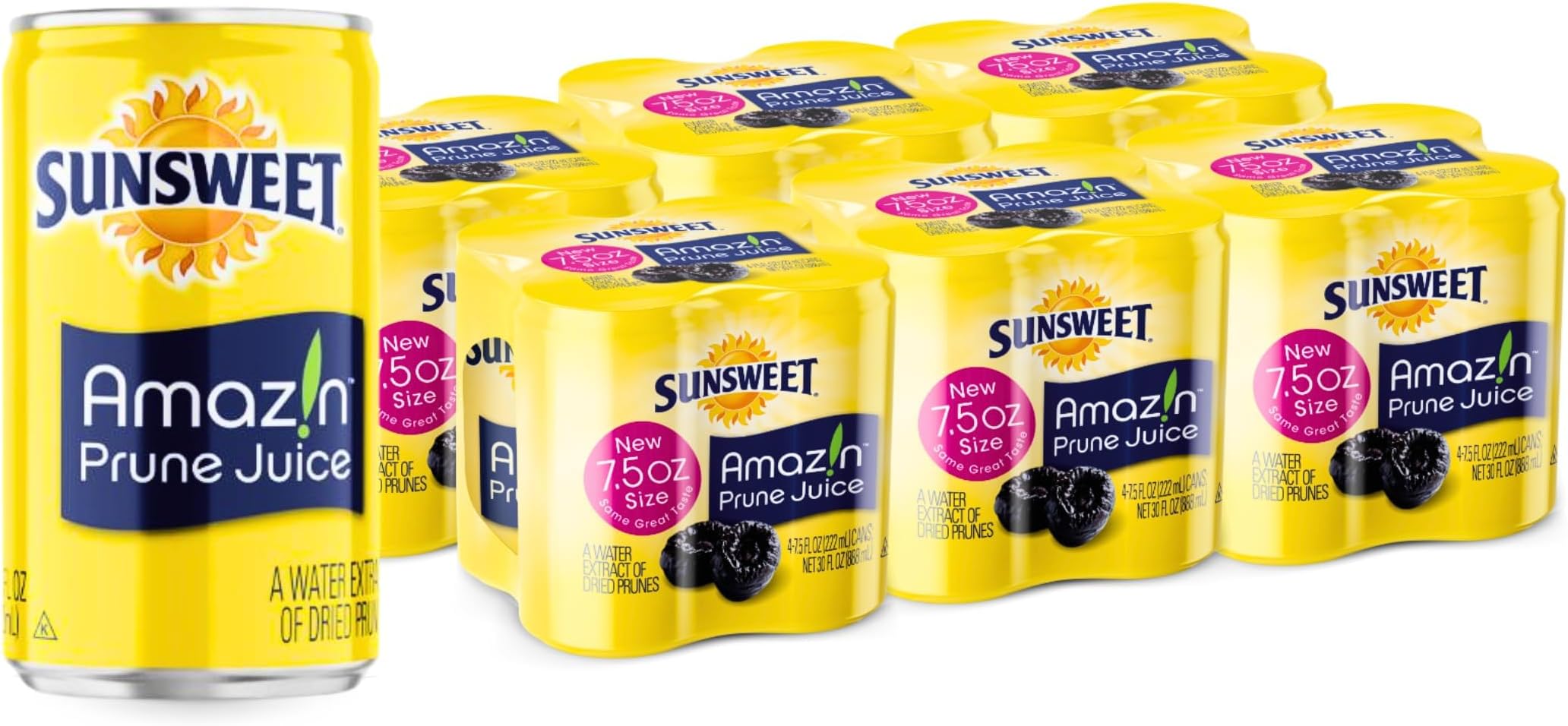 Sunsweet Amazin Prune Juice Small Cans - Water Extract of Dried Prunes Pitted Unsweetened - Low Fat - 100% Juice Rich in Dietary Fiber & Natural Minerals - 6 x 4 Pack of 7.5 Ounce