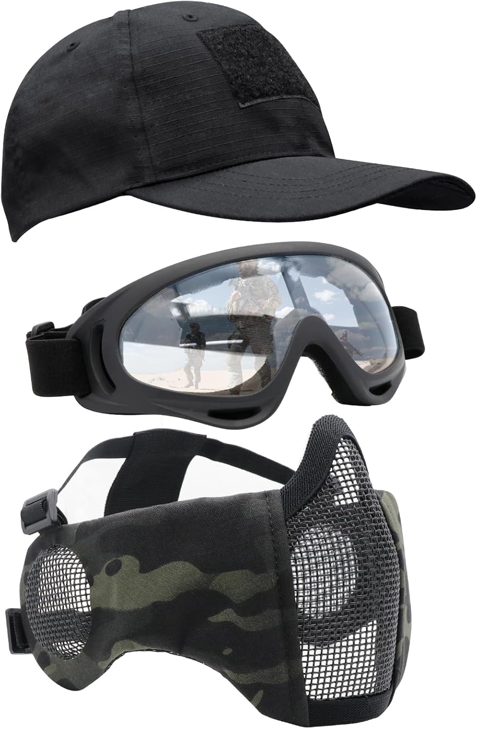 Airsoft Mask with Goggles, Foldable Half Face Airsoft Mesh Mask with Ear Protection for Paintball Shooting Cosplay CS Game