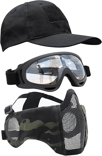 Miniatura 22 de Máscara de Airsoft con Gafas, Máscara de Malla Plegable de Media Cara con Protección para los Oídos para Paintball, Tiro, Cosplay, Juego CS