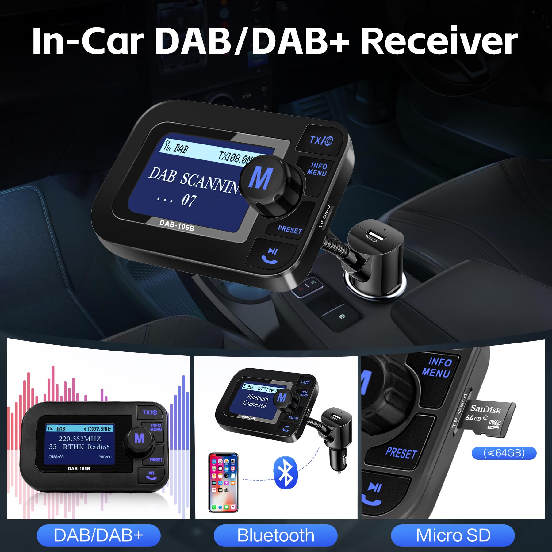 DeeprBetter DAB+ Adapter für Autoradio, DAB Adapter Stereoanlage mit 2,3 LCD-Display, Plug&Play Auto DAB Transmitter mit Bluetooth Freisprechen und Musik Spielen, Tragbarem DAB Empfänger mit Aux Out