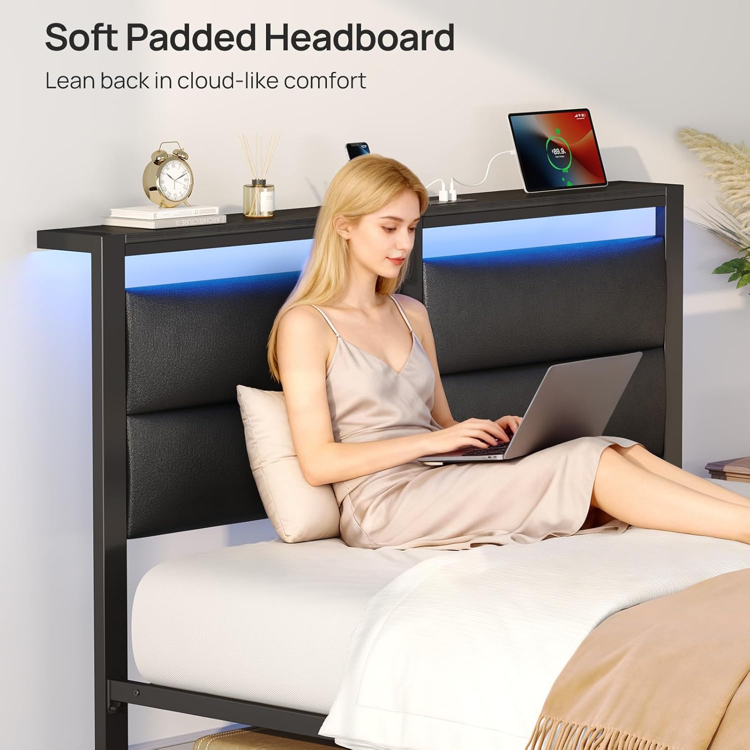 Rolanstar Bed Frame Twin Size with Charging Station, LED Twin Bed Frame with Upholstered Storage Headboard, Platform Bed with Metal Slats & Under Bed Storage, No Box Spring Needed, Noise Free, Black - Image 6