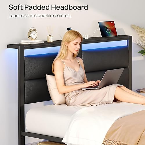 Miniatura 6 de Rolanstar Base de cama tamaño individual con estación de carga, base de cama individual LED con cabecera de almacenamiento tapizada, cama de