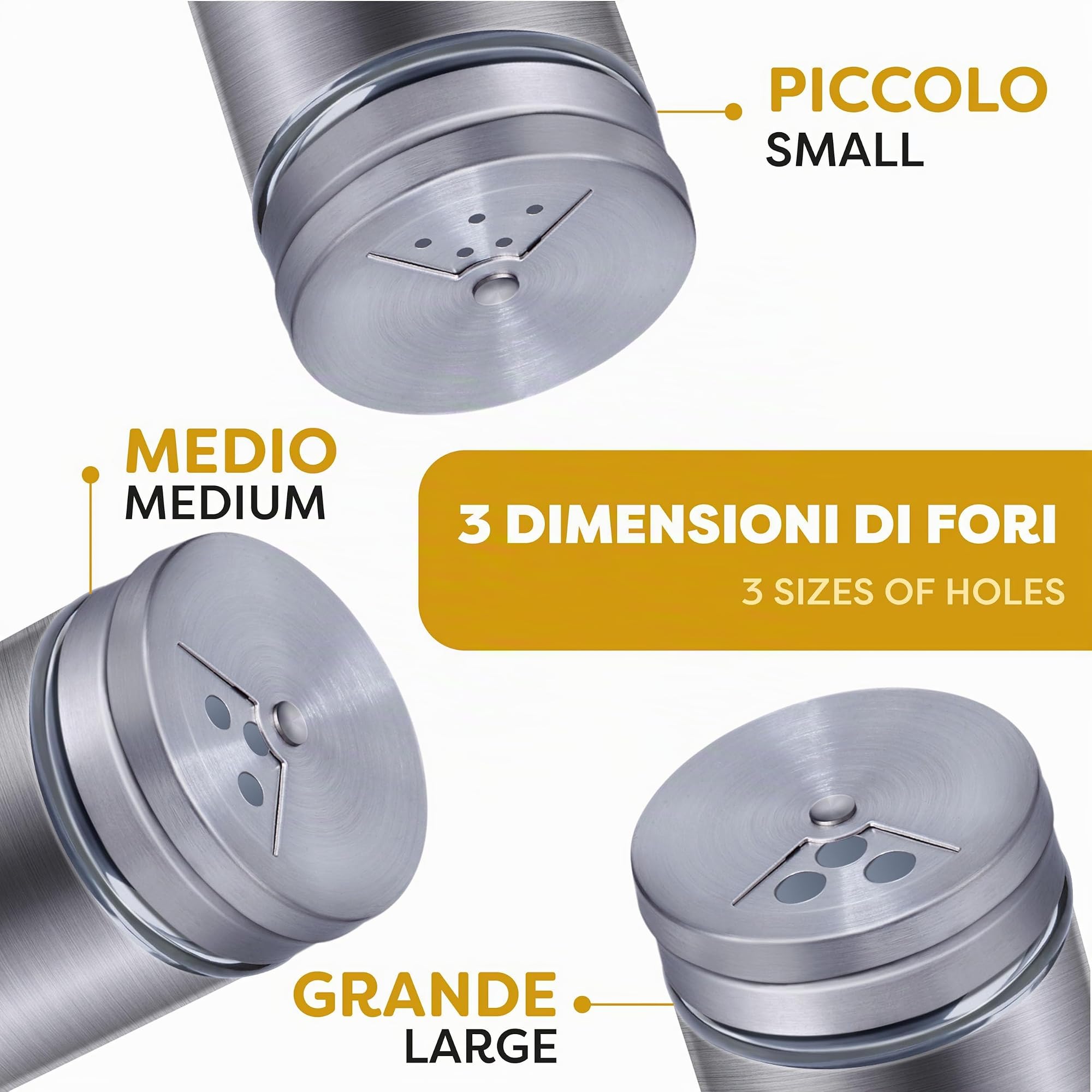 Barattoli per Spezie in Acciaio Inossidabile - 12 Contenitori per Spezie Con 3 Tipi di Fori Dosatori - Porta Spezie con 3 modalità di spargimento - Lavabili in lavastoviglie