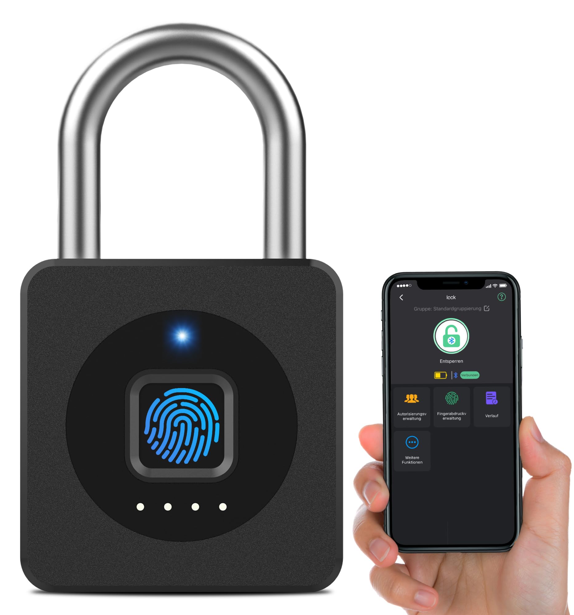 Smart Fingerabdruck Vorhängeschloss mit Bluetooth App – Elektronisches Kombischloss für Fitnessraum, Gartentor, Außenschrank und Lager – Schwarz