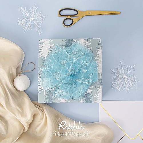 Miniatura 8 de Ribbli Cinta con alambre de purpurina de copo de nieve, cinta transparente de organza dorada con patrón de copo de nieve con purpurina dorada y