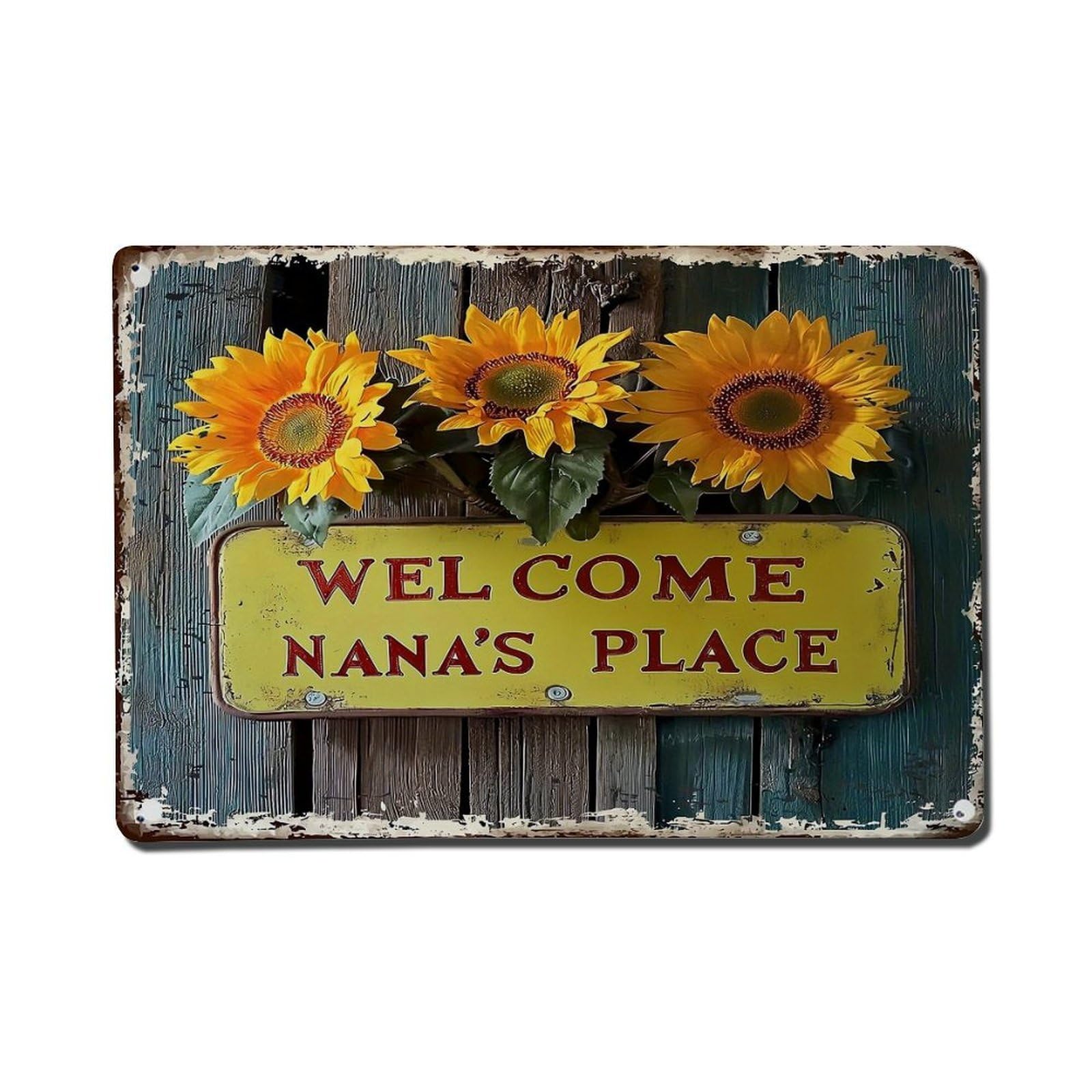 Sunflower Welcome Sign Nana Place Vintage Tin Sign Retro Metal Wall Decor Metal Poster, Home Bar Garage Farmhouse Cafe Wall Art Decoration 8x12Inches