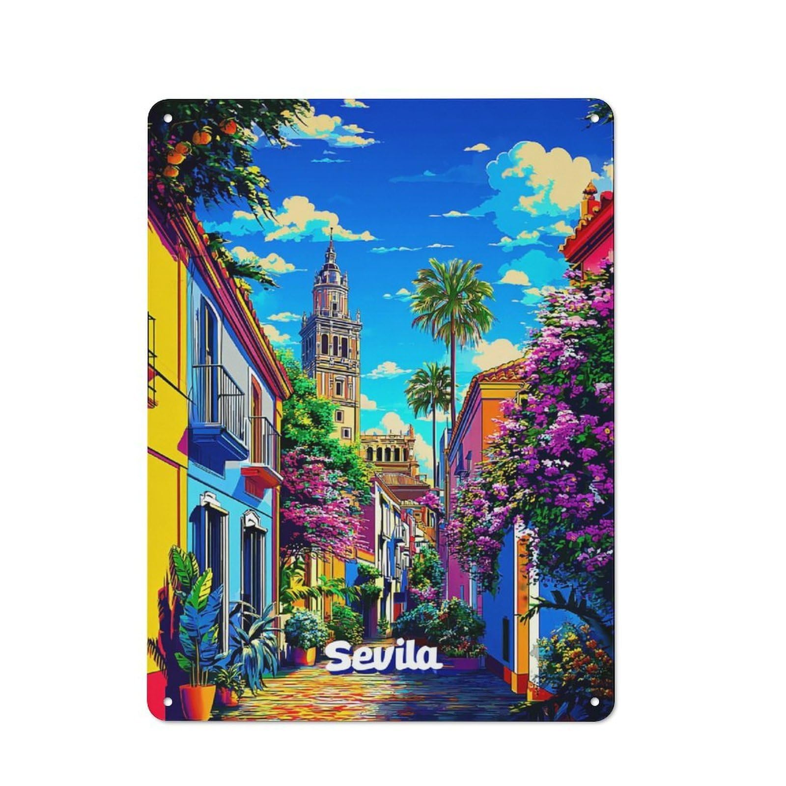 Junmoney Seville's Colorful Streetscape -1 Country Metal Sign With Design 40X30cm, Farmhouse Farmhouse Wall Decor For Kitchen, Cottage, Porch Or Garden Room