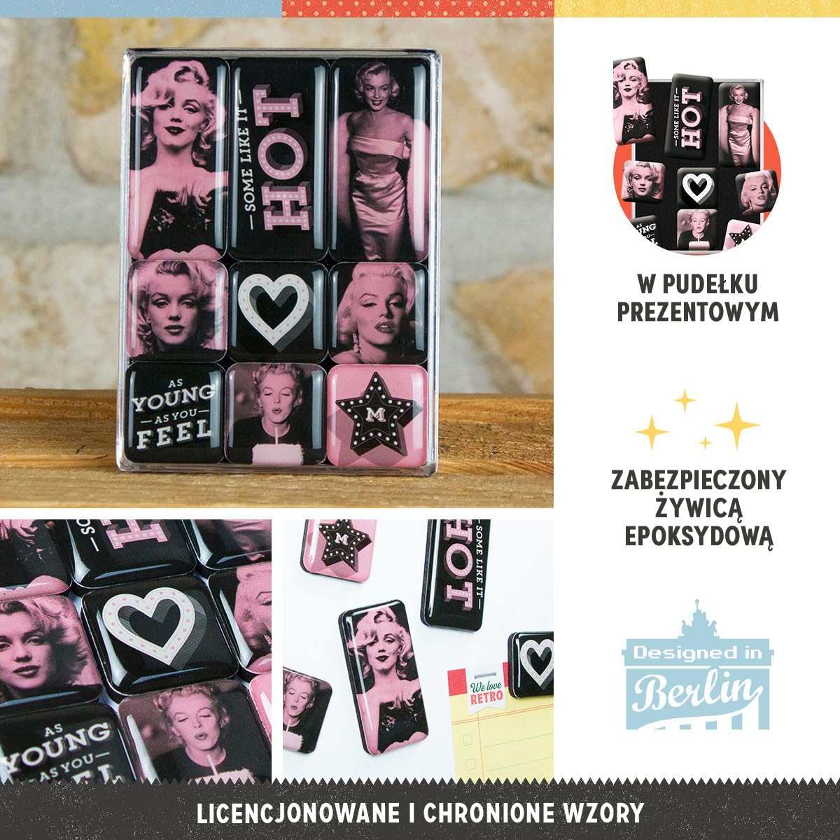 Nostalgic-Art Retro magnesy na lodówkę, 9 sztuk, Marilyn – Some Like It Hot – Pomysł na prezent dla miłośników kina, Official License Product (OLP), zestaw magnesów, Styl vintage