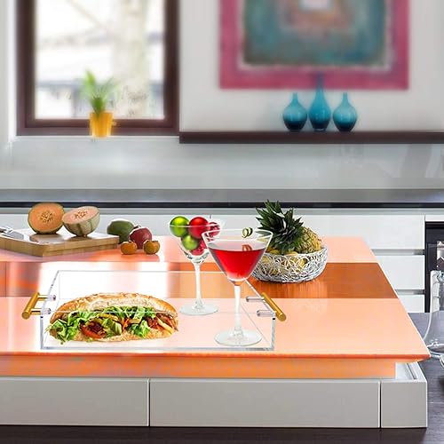 Miniatura 8 de Bandeja de servir de acrílico transparente de 12 x 12 pulgadas con mango dorado, bandeja cuadrada transparente de plástico para servir alimentos