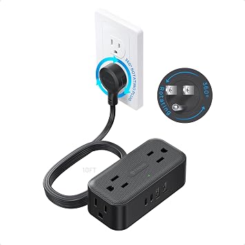 TROND 360 Rotating Flat Plug Power Strip 10ft, 4 Widely AC Outlets, Black