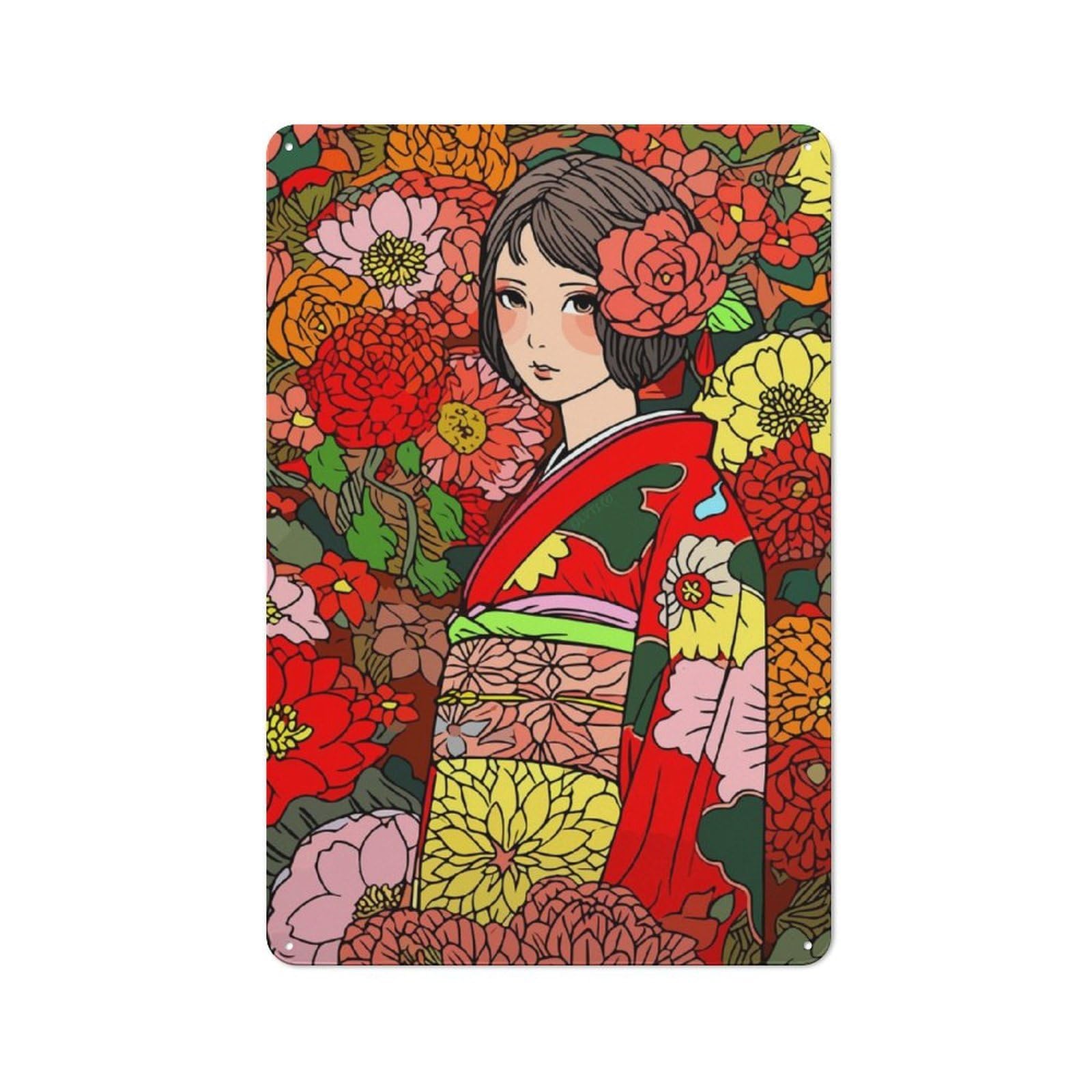 Junmoney Girls Japanese Kimono Art Rustic Tin Sign 30X20cm For Café Or Restaurant, A Decorative Christmas Gift For Hospitality Interior Collectors