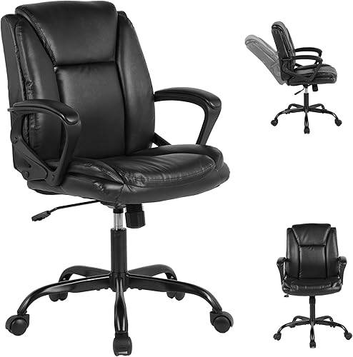 Silla de oficina, silla de escritorio ejecutiva con soporte lumbar, silla de computadora de cuero sintético con respaldo medio con inclinación