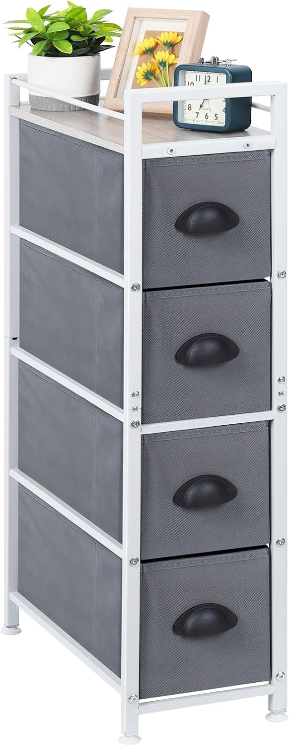 HAITRAL Narrow Dresser - 4 Drawers Slim Fabric Storage Cabinet - Vertical Standing Storage Chest - Gaps Tower Organizer with Removable Drawers and Wooden top for Laundry,Closet,Living Room,Entryway