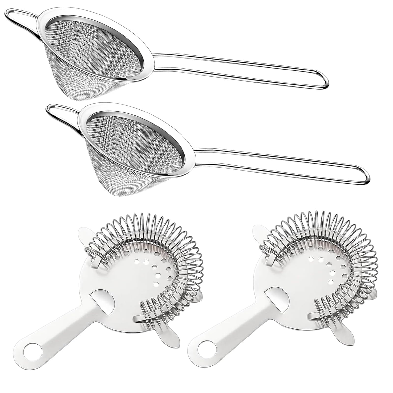 4 PCS Set Stainless Steel Strainers with Fine Mesh, Cocktail Strainer and Sieve Set, Includes Two Hawthorne Strainers and Two Can Strainers, 8.5 cm Diameter