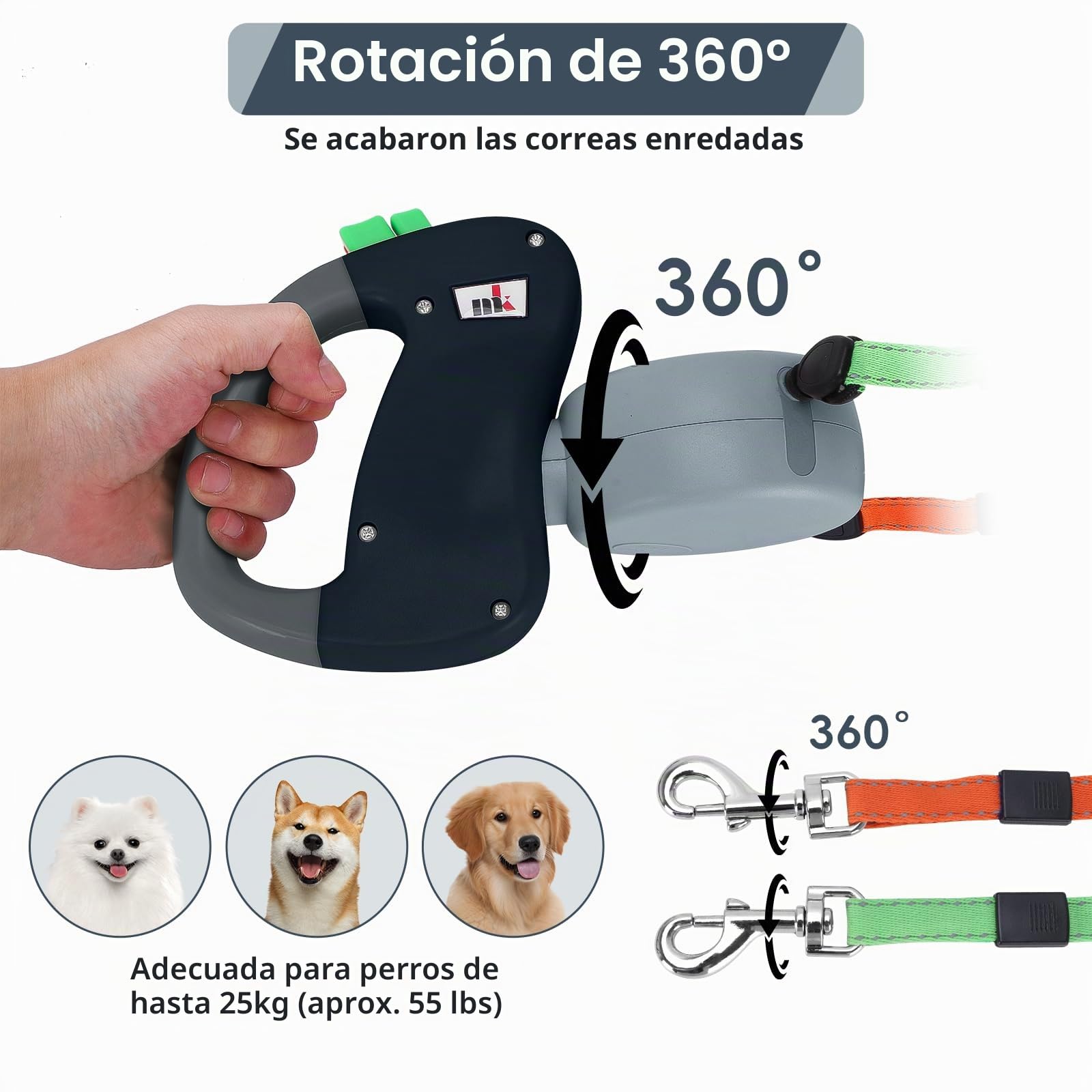 DoppelEinziehbare Hundeleine Makife Dual Doggie Pet Leash Hundeleine automatische Hund Versenkbar Leine Einziehbare 3m Geeignet für Kleine Mittelgroße Hunde Wandern Joggen 15pcs Hundekotbeutel Grau