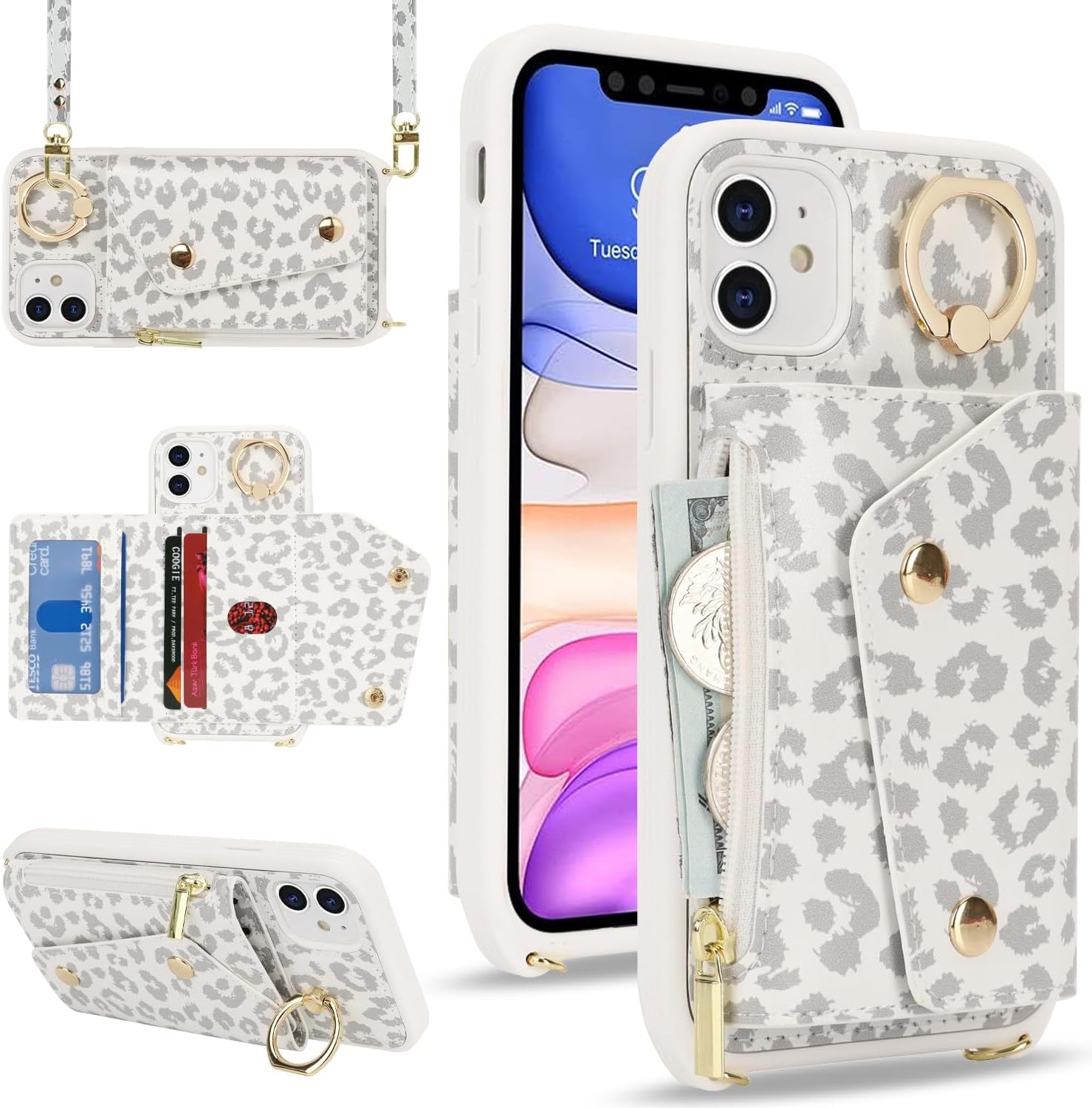Lipvina for iPhone 12 Case with Card Holder and Strap - Zipper Pocket,Crossbody Lanyard Strap,Credit Card Holder,Stand Ring,Cute Phone Wallet Case for Women(White Leopard,6.1 Inch)