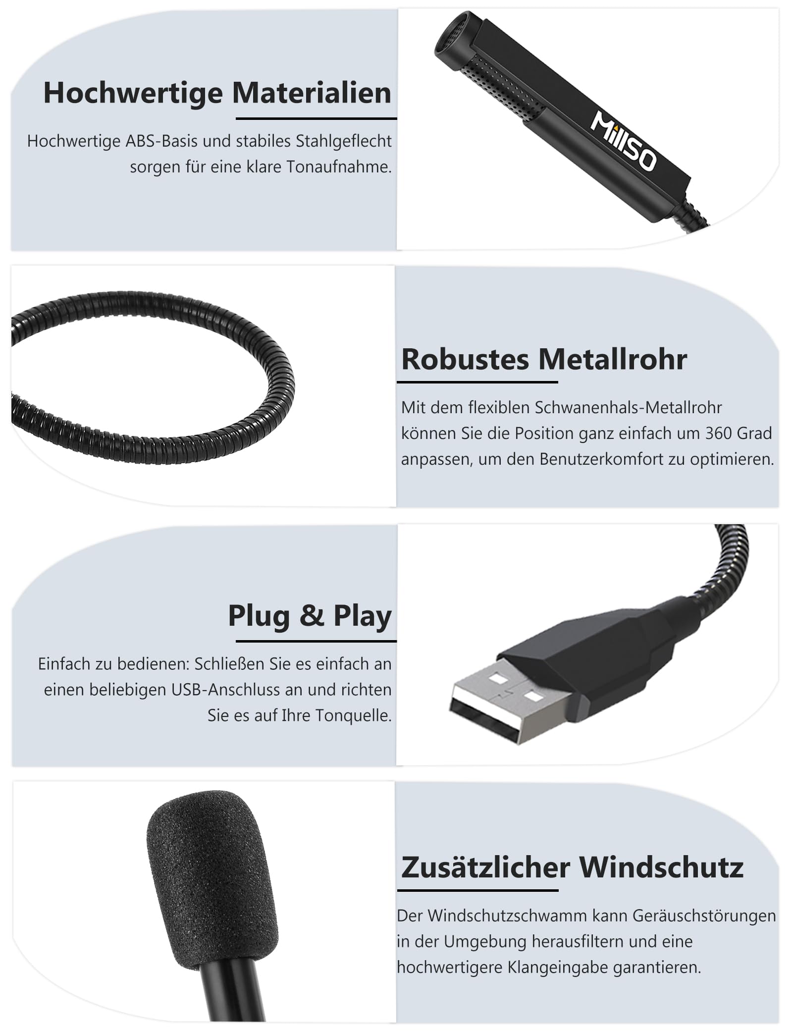 MillSO USB Mikrofon für PC Laptop PS5 PS4, Omnidirektionaler Kondensator Mikrofon mit 360° verstellbar flexiblem Schwanenhals für Aufnahme, Online-Chat, Spiele, Live-Podcasting, YouTube und Skype
