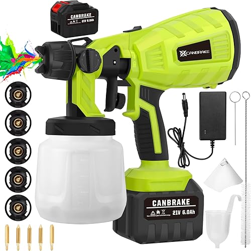 Pulverizador de pintura de batería de 21 V, baterías de motor sin escobillas de 6.0 Ah, pistola de pintura en aerosol, 5 boquillas de cobre y