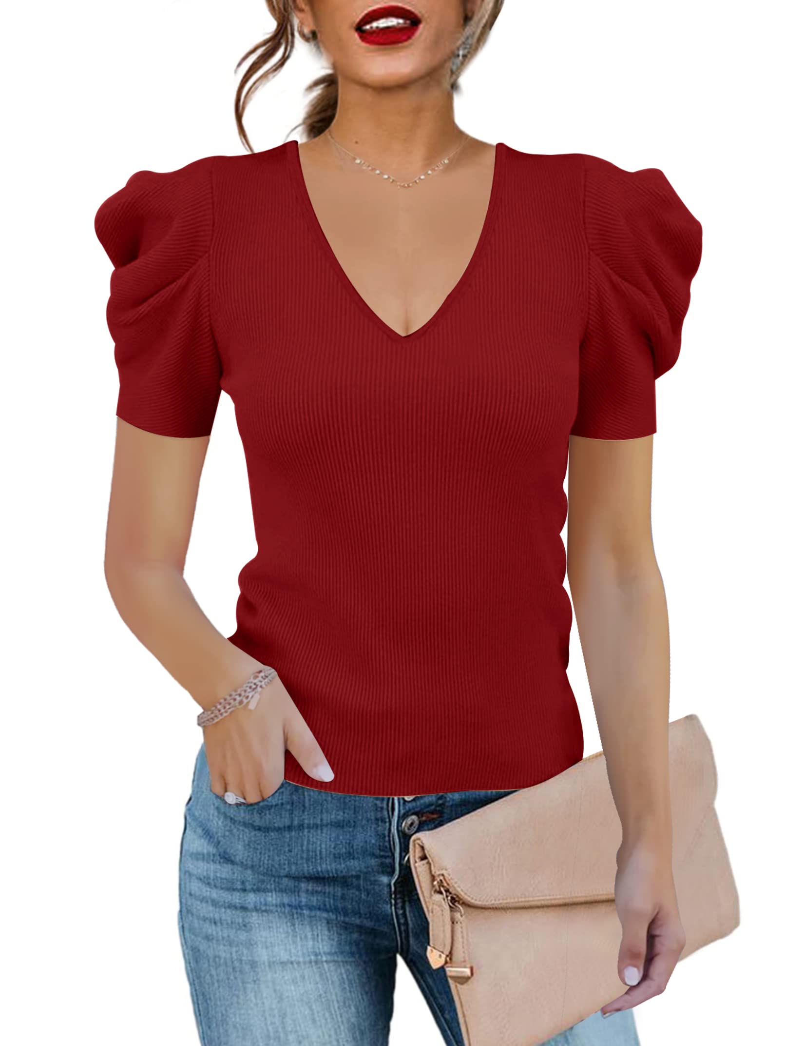 Amarmia Womens Puff Long Sleeve Knit Pullover Sweaters Casual V Neck Ribbed Solid Soft Slim Fit Sweater Blouse