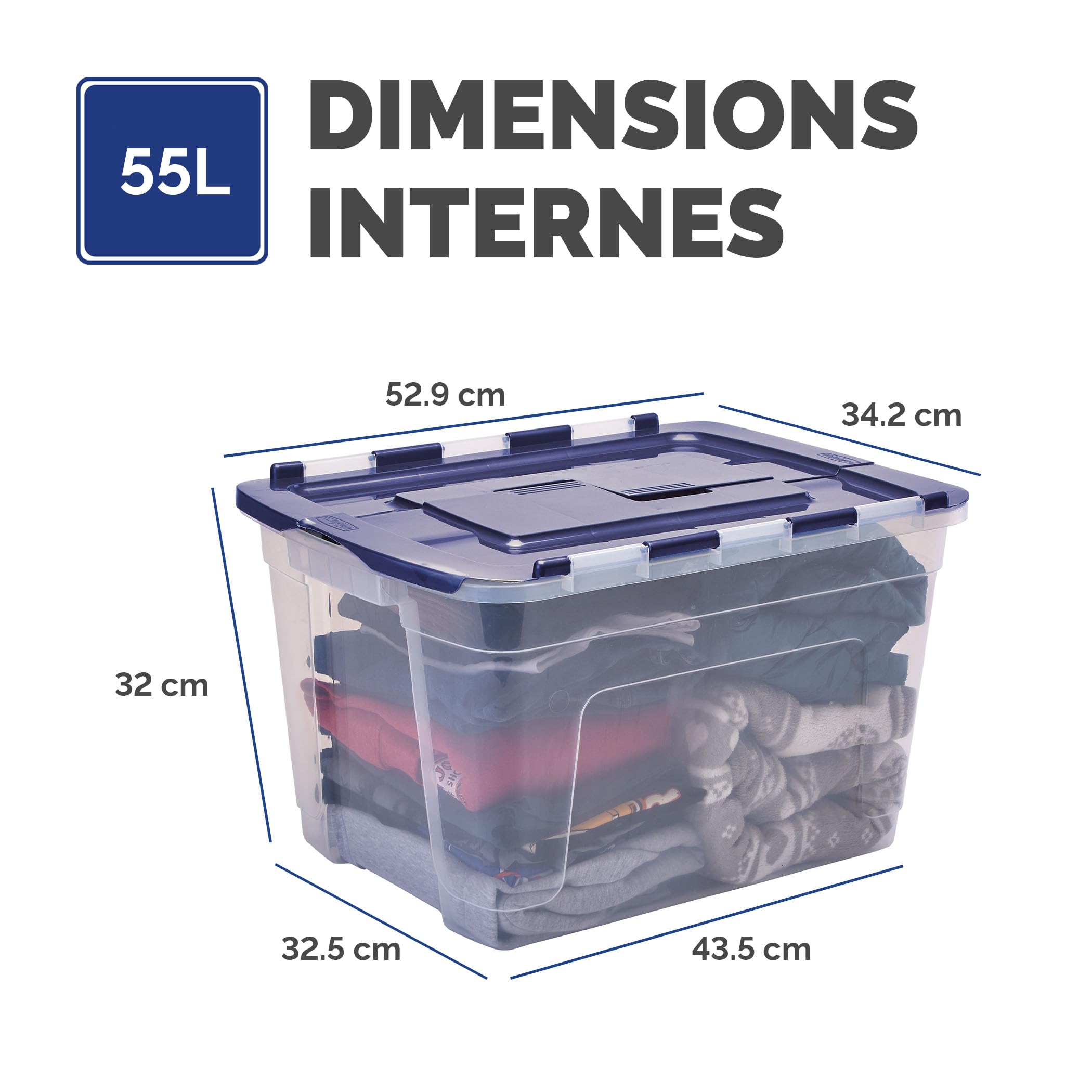 BANKERS BOX 55L Boîte fourre-tout en plastique, pack de 3, Polypropylène sans BPA, couvercles 100% recyclés, emboîtables et empilables, couvercle fendu, 35x43x59cm, polyvalent pour maison et bureau