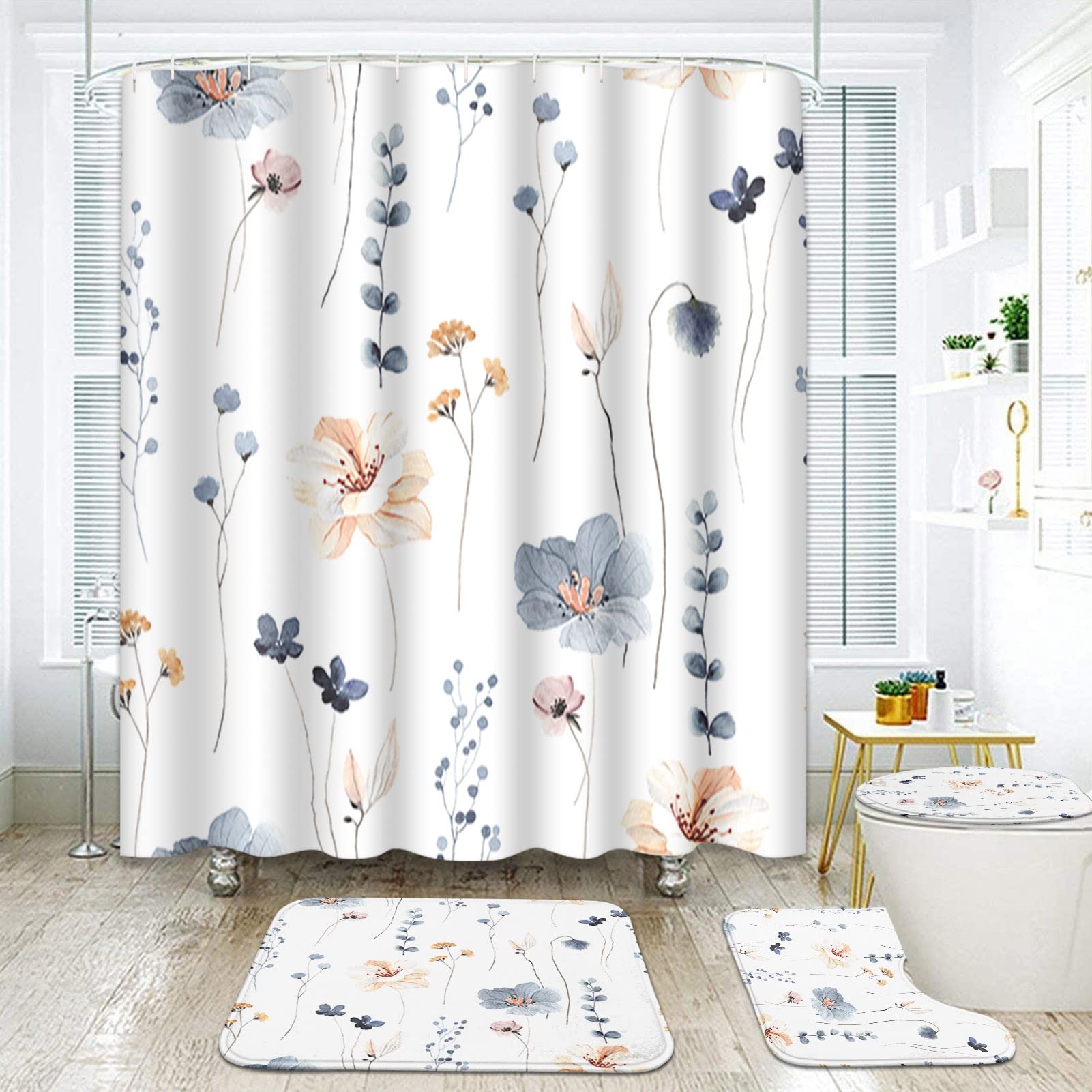 Juego de baño floral azul beige con cortina de ducha y alfombras y accesorios, juego de cortinas de ducha de flores silvestres para baño, decoración de baño floral de primavera, 4 piezas