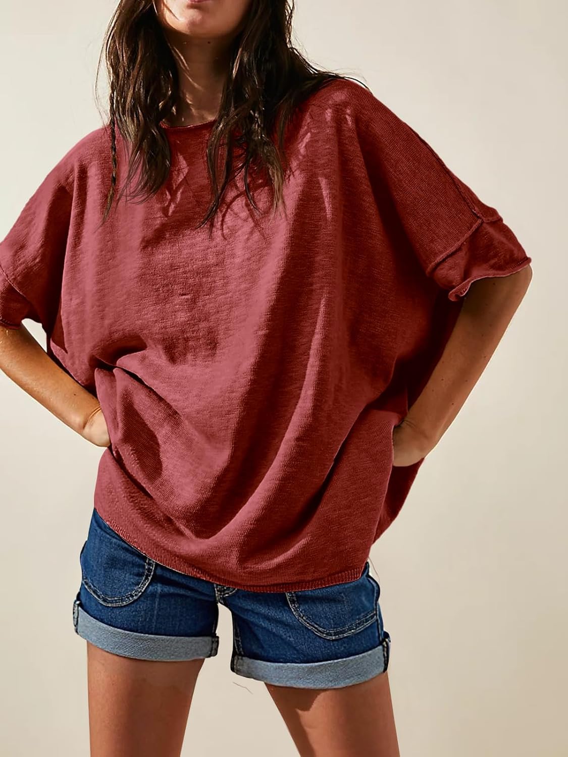 Tankaneo Women's Oversized T Shirts Casual Summer Crew Neck Loose Dropped Short Sleeve Side Slit Hem Blouse Tunic Tops - Image 2