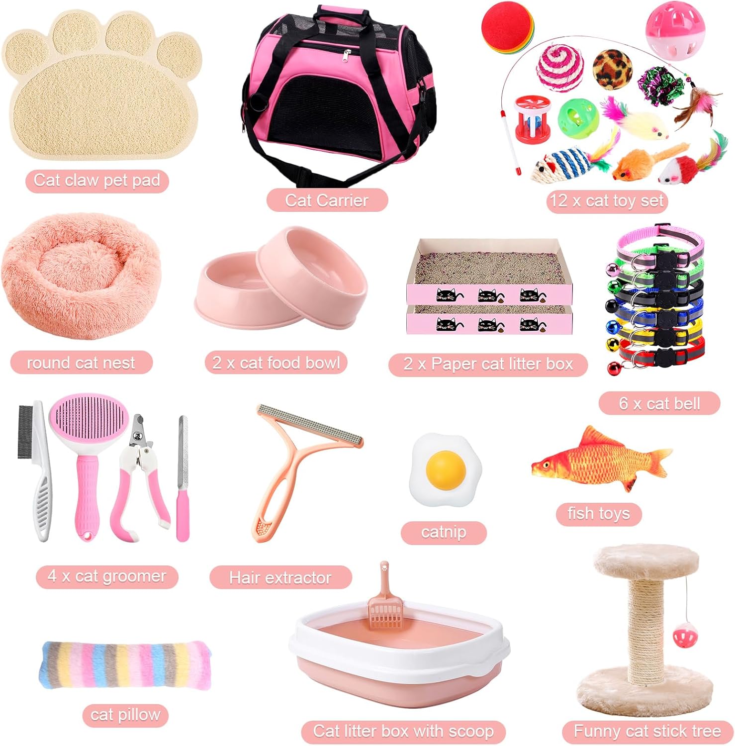 Kitten Starter Kit, 37 Pcs of Kitten Starter Kit for Indoor Kittens, Cat Essentials Including Cat Bed, Carrier, Litter Mat, Litter Box, Collar, Bowls, Cat Toys and Others (Pink)