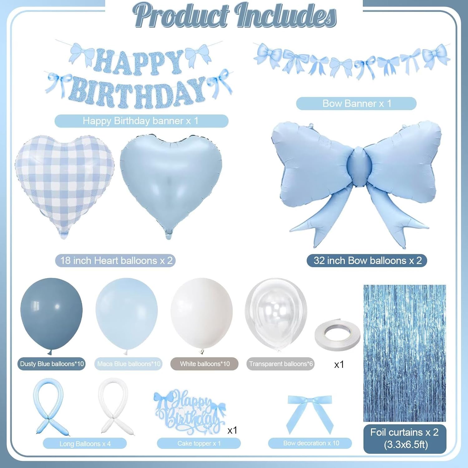 Dusty Blue Bow Birthday Decorations, Coquette Bow Blue White and Clear Balloons with Happy Birthday Banner Fringe Curtain Cake Toppers for Women Girls Baby Shower Party Supplies