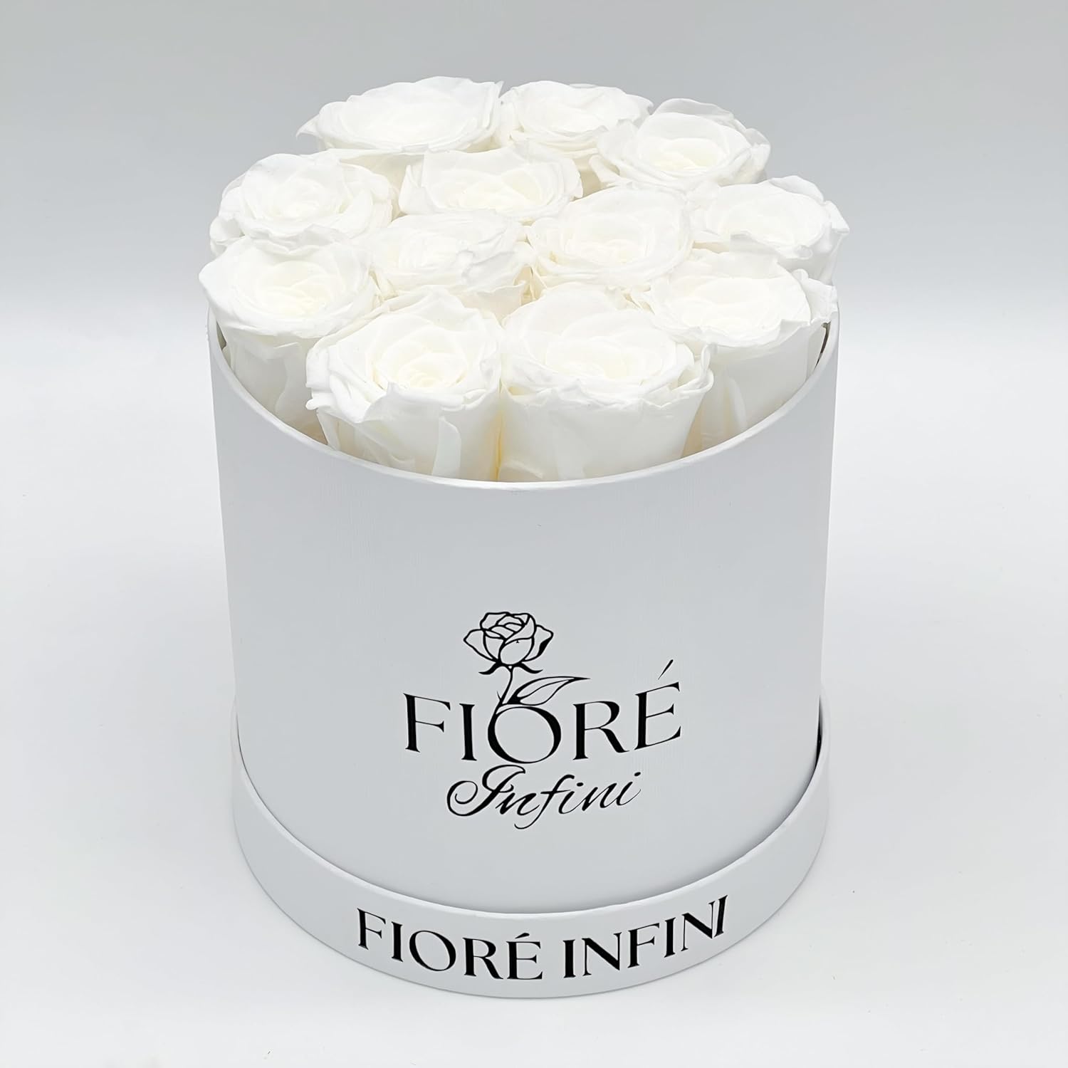 Fiore Infini White Forever Roses - 12-14 Preserved Roses in Round White Box, 1-3 Years Lifespan, Waterless Care, Chic Gift for Bridal Showers & Mother's Day ANd As A Home Decor