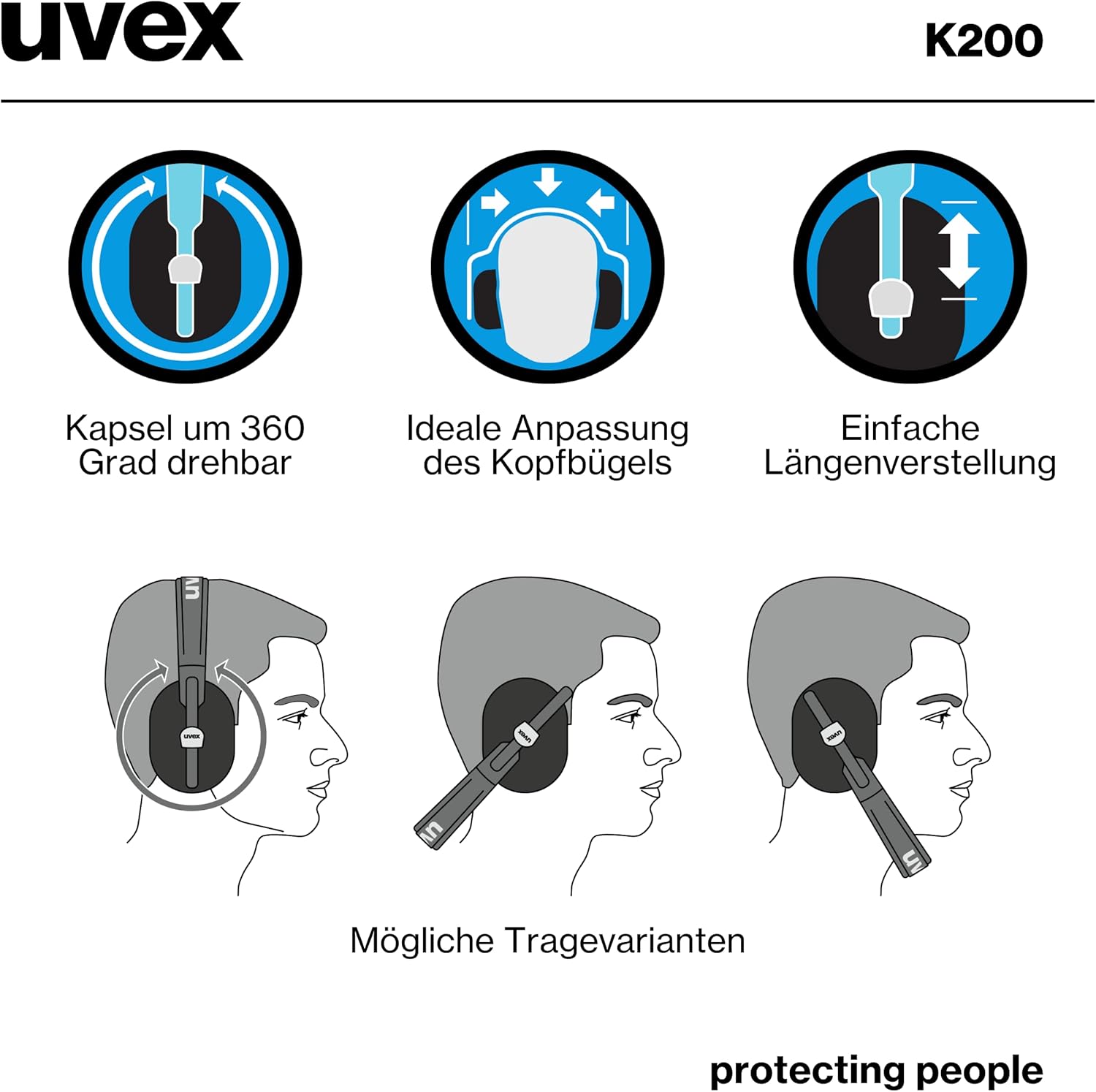 Uvex K200 Adult Lightweight Padded SNR 28dB Ear Protectors with Length Adjustment - Black/Yellow, Black / Yellow, Einheitsgröße