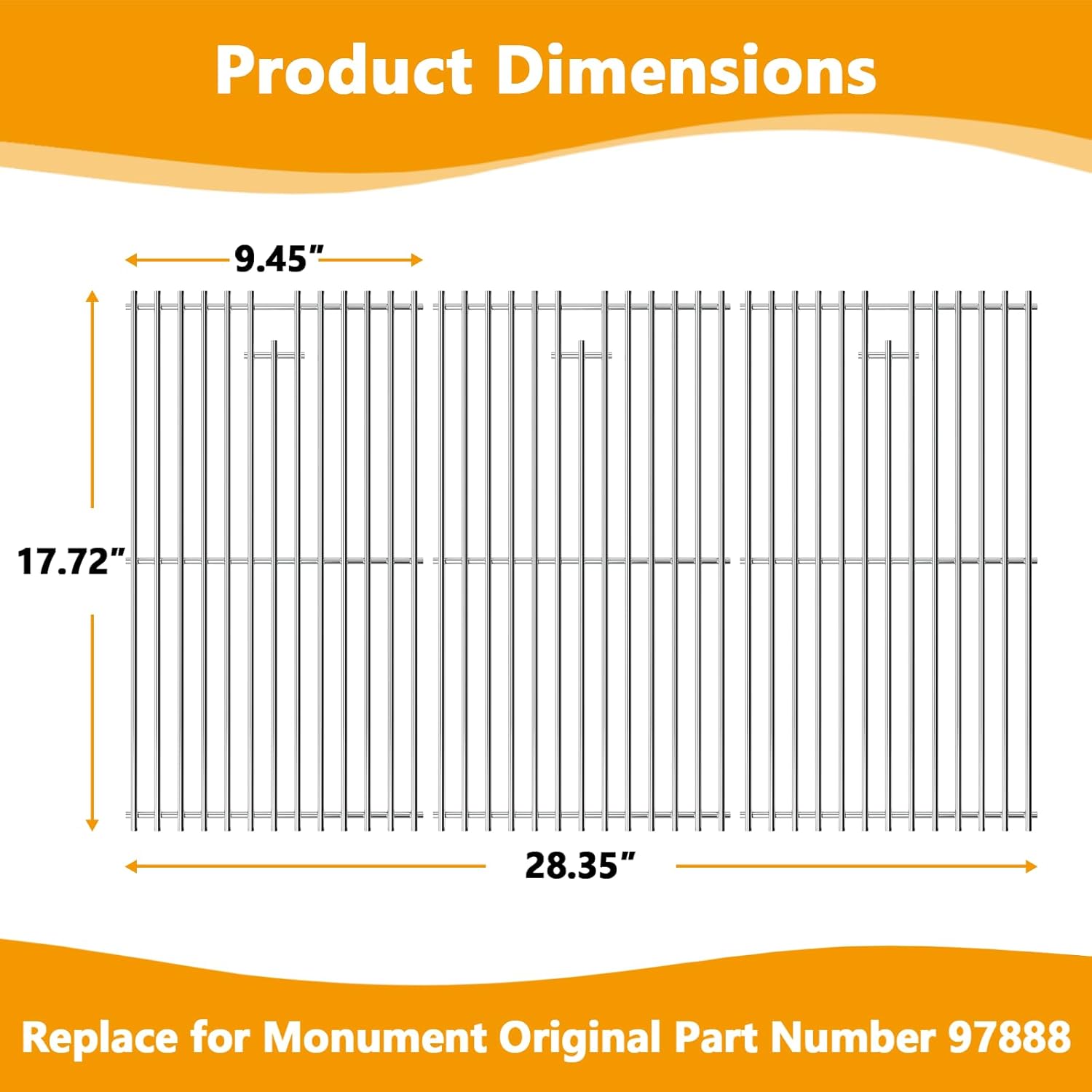 BBQ-PLUS 97888 Grill Grates Replacement Parts for Monument 24633 24367 41847NG 35633 35633R 35633G 35633B 13892 17842 D405 D425, Stainless Steel Cooking Grids for Monument 4-Burner Gas Grills, 3 Pack