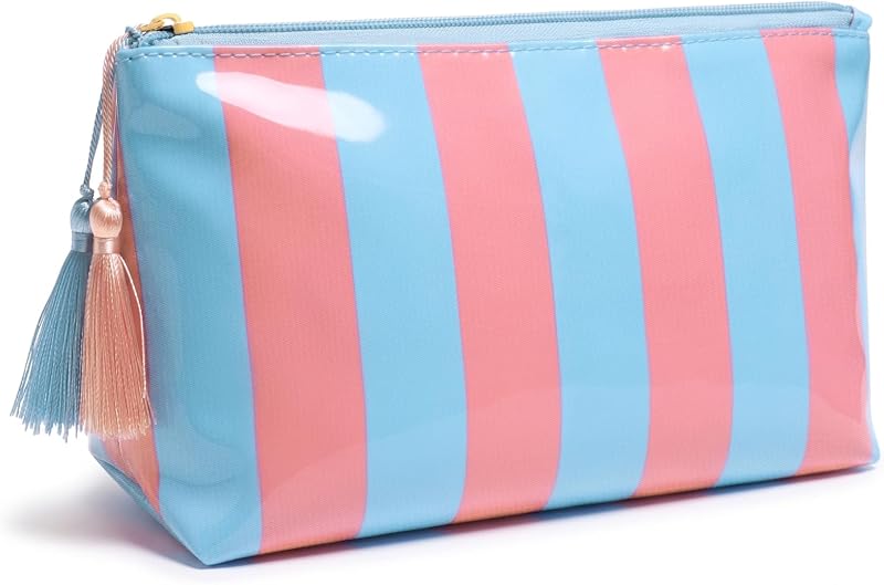 Necessaire de viagem Fozira em poliéster com zíper, listras azul e rosa, 25,4 cm x 10,16 cm x 13,97 cm
