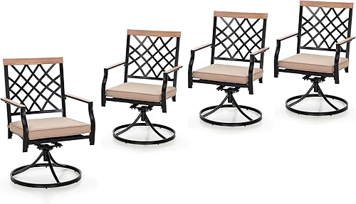 Miniatura 14 de PHI VILLA Juego de 2 sillas de comedor giratorias para patio, sillas de exterior con cojines, muebles de patio con reposabrazos, color negro Diseño