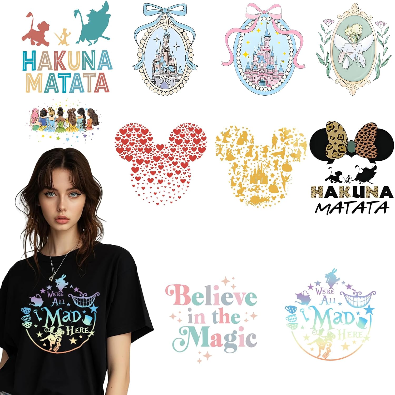 Castle Mouse Magic Iron on Transfers 10/12/14pcs Magic Character Heat Transfer Stickers for Clothing Clothes DIY Crafts(BW1-12pcs)