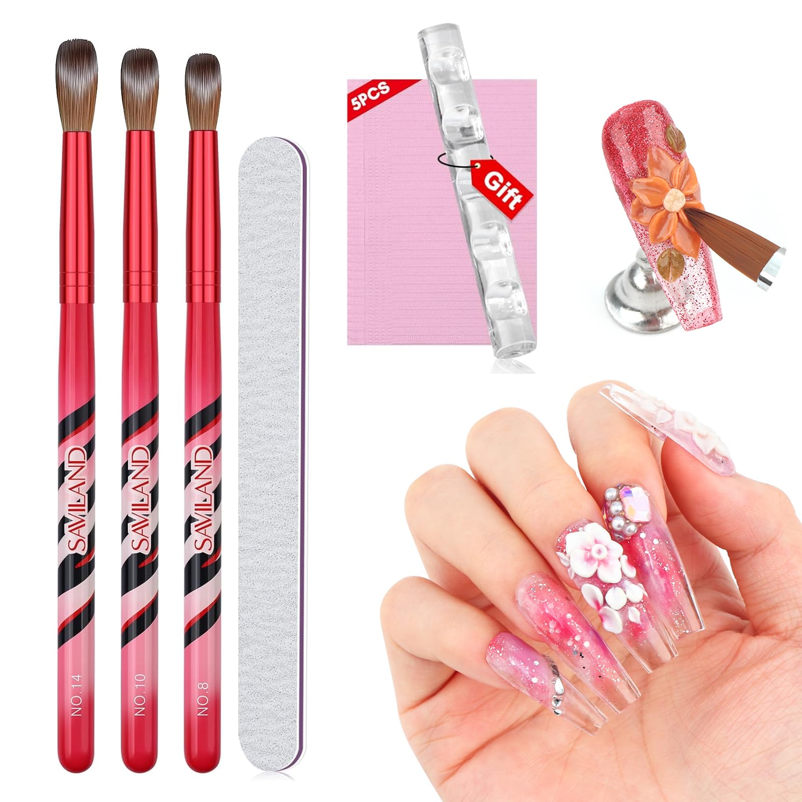 Saviland Kolinsky Acrylic Nail Brush Set: Size 8 10 14 Acrylic Brushes for Nails Brush for Powder Application Nail Art Extension Carving Manicure Tools with Brushes Holder Table Mat